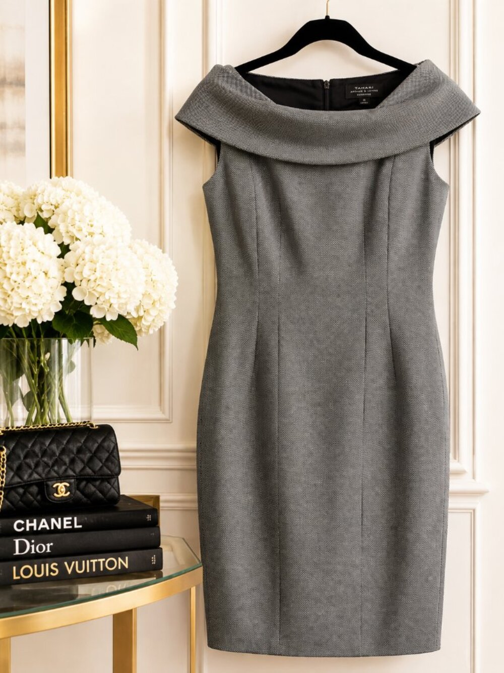 Tahari Arthur S. Levine Gray Off-the-Shoulder Sheath Dress Size 8 Career Cocktai